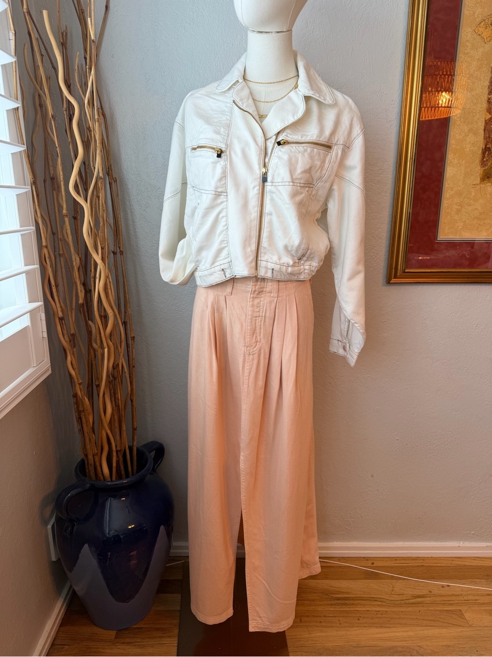 NWT. Free People Cropped White Jacket Size Small Gold Zippers Utility Style